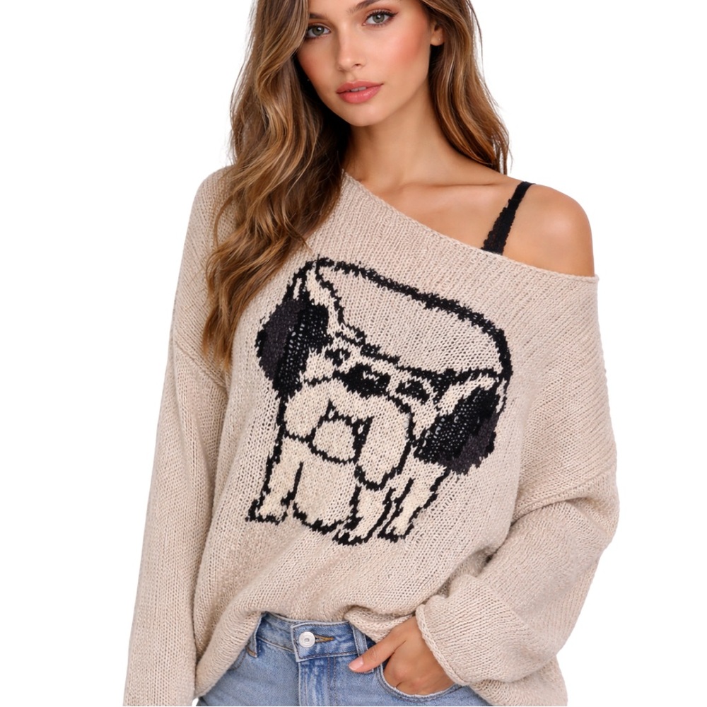 ABERCROMBIE & FITCH Knit Sweater Oversized Beige Pug Dog Cotton Layering SZ XS